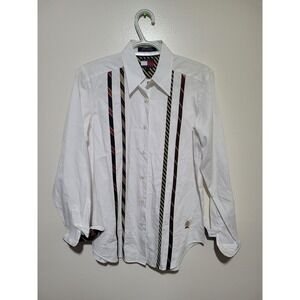 Tommy Hilfiger White Cotton Button Down Shirt Striped Trim Crest Womens 2